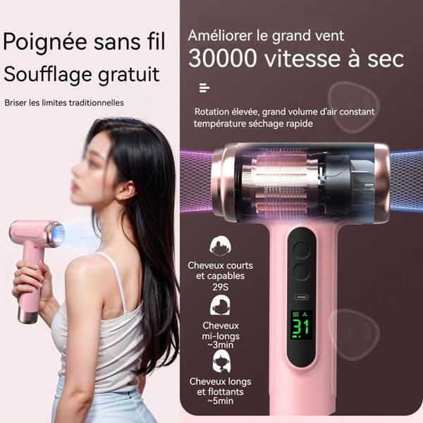 C Sèche-hairblås rosa uppladdningsbar 200w 300 000 varv/min professionell med LED digitaldisplay bärbar hårblås för resa
