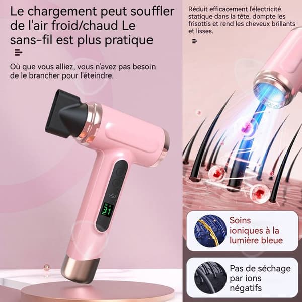 C Sèche-hairblås rosa uppladdningsbar 200w 300 000 varv/min professionell med LED digitaldisplay bärbar hårblås för resa