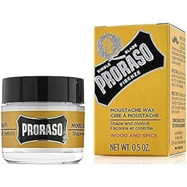 Proraso | Wood &amp; Spice mustaschvax (15 ml kruka) – Mustaschvax med sheasmör och bivax för att sköta och