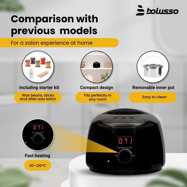 Bolusso-vahauslaite, karvanpoistosetti, lämmitin, 5 eri tyyppistä vahapapua (500 g), 50 vahapuikkoa, säädettävä lämpötila 30–120 °C, vahaussetti h