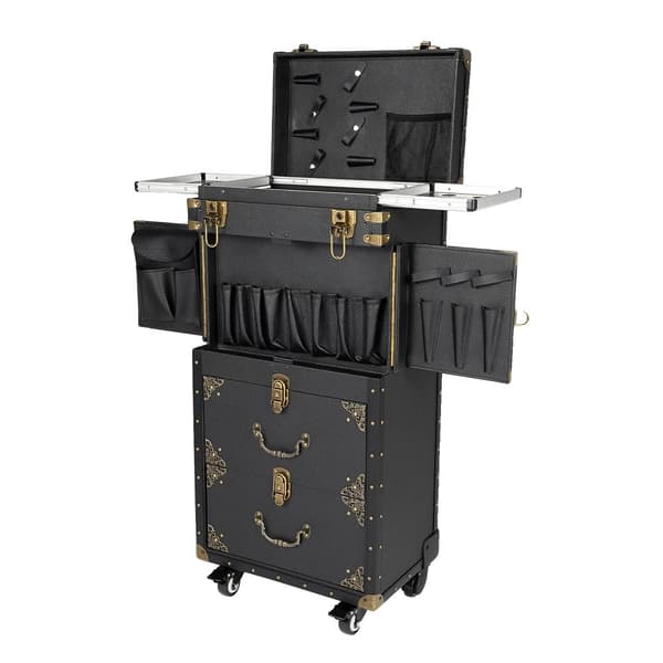 Makeup Train Case, Stort kapacitet design, Elegant sort med guld accenter,sort, XL