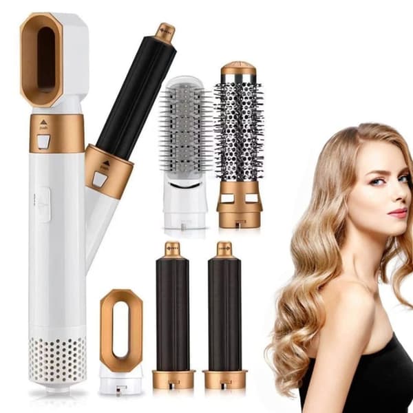 Moorle Multifunktionel 5-i-1 Hårtørrer, Air Styler, Hot Air Brush, Hair Styler - Krøller, Volumen og glat hår Guld
