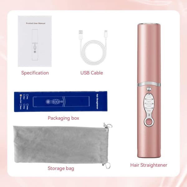 Bärbar Hårplattare och Locktång, 5000 mAh Batteri, Snabb Uppvärmning,Roséguld