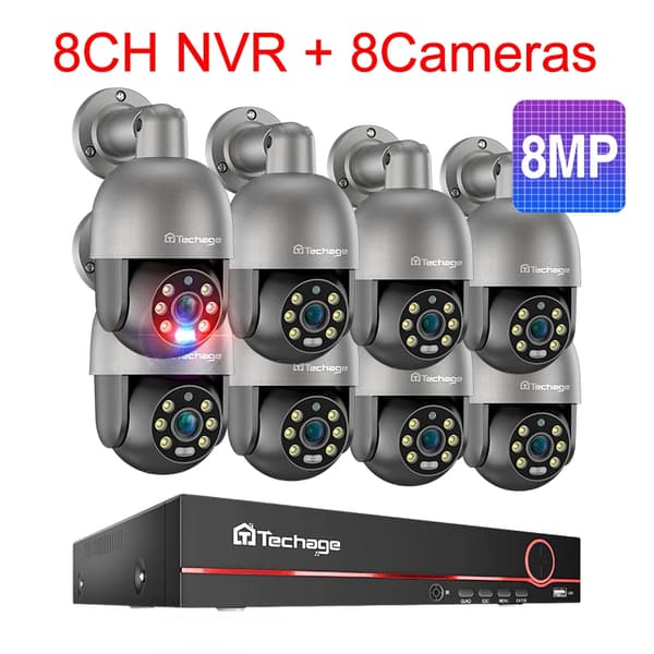 PTZ Sikkerhedskamerasystem, AI Menneskedetektion, To-vejs lyd,8CH NVR 8 stk. Kamera 8MP, Ingen
