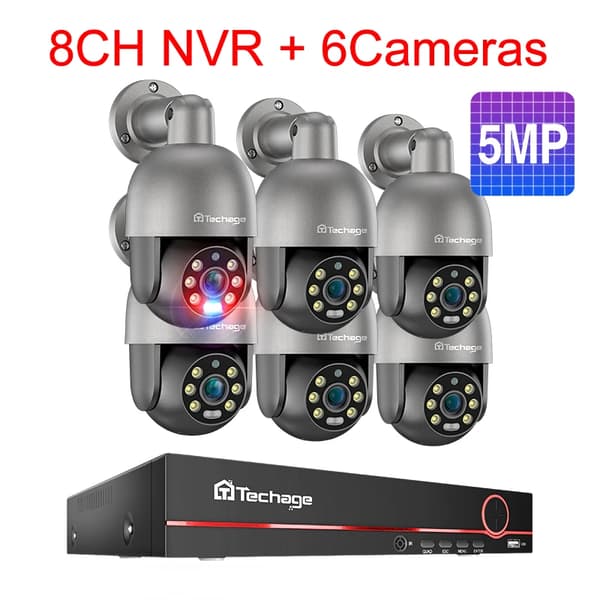 PTZ Säkerhetskamerasystem, AI-människodetektering, tvåvägsljud,3T (utomhussport), 8CH NVR 6st Kamera 5MP