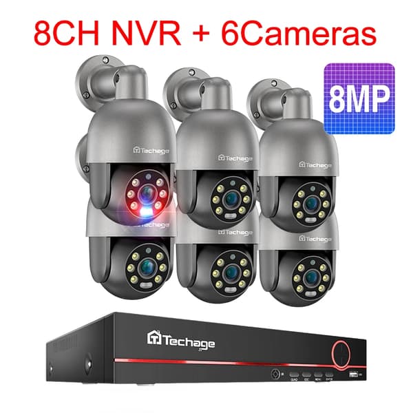 PTZ Sikkerhedskamerasystem, AI Menneskedetektion, To-vejs lyd,8CH NVR 6 stk. Kamera 8MP, Ingen
