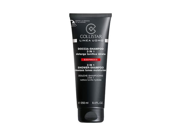 Collistar Uomo 3in1 Shower-Shampoo, Miesten, 3-in-1 shampoo & hoitoaine & vartalopesu, 250 ml, Kosteuttava, Pehmentävä, Tuubi, Ginseng, Hyaluronihapp