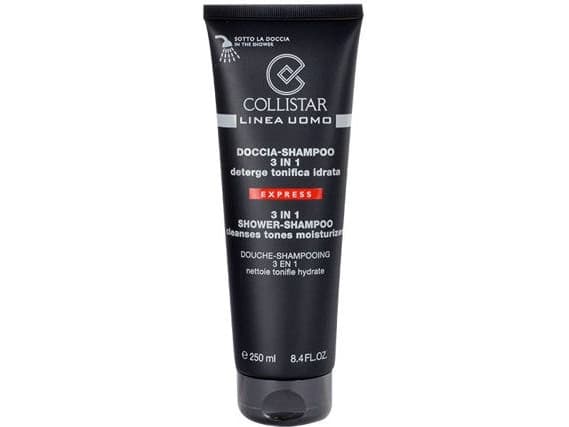 Collistar Uomo 3in1 Shower-Shampoo, Miesten, 3-in-1 shampoo & hoitoaine & vartalopesu, 250 ml, Kosteuttava, Pehmentävä, Tuubi, Ginseng, Hyaluronihapp