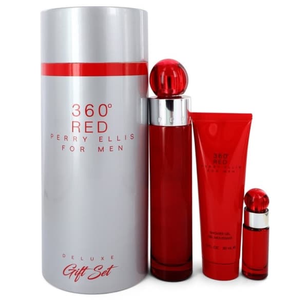 Perry Ellis 360 Red 3 4 Oz Eau De Toilette Spray 25 Oz Mini Edt Spray 3 Oz Shower Gel In Tube Box for Men Gift Set