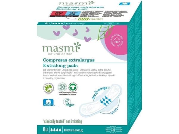 Masmi Natural Cotton ekstra lange bind av økologisk bomull, 8 stk