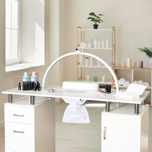 Professionelt manicurebord og LED-halvmånelampe Neglesalon Skønhedssalon Støvsamler 1 skab 2 hylder 3 farvedæmpbar temperaturlampe telefonholder