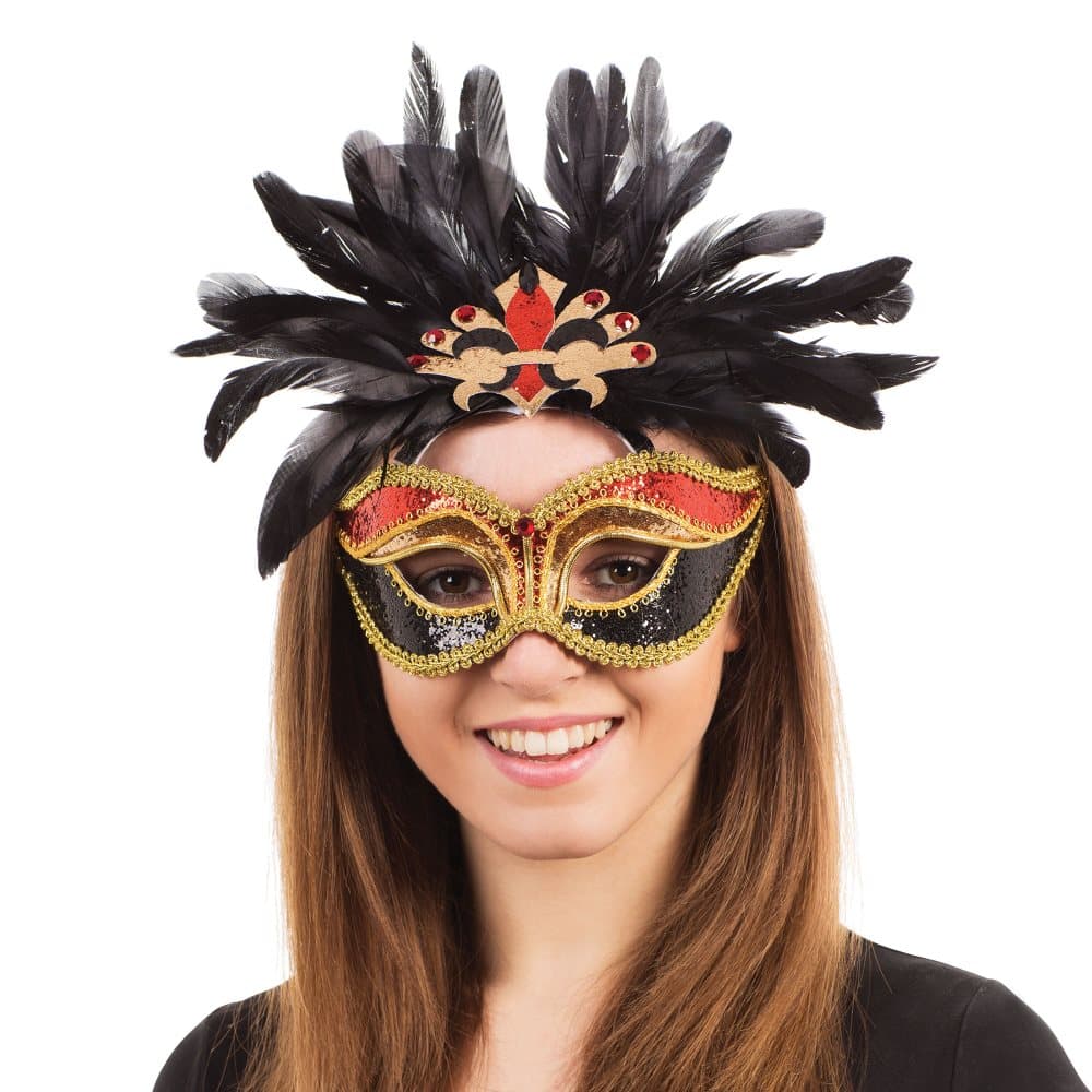 Bristol Novelty Unisex Adults Sequinned Carnival Eye Mask With Feathers
