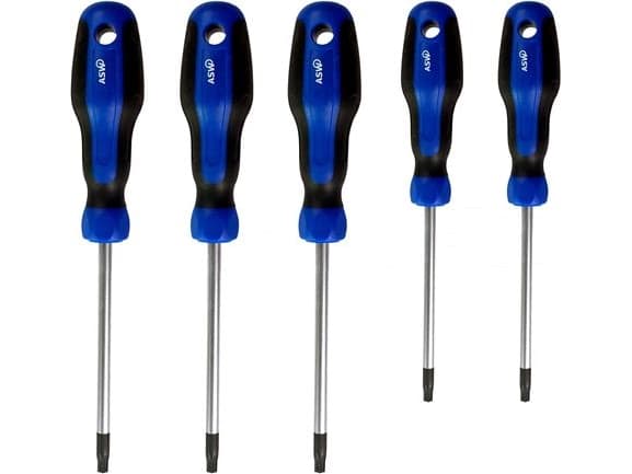 Skruvmejseluppsättning med 5 stycken med Torx-slits, TX10, TX15, TX20, TX25 och TX30