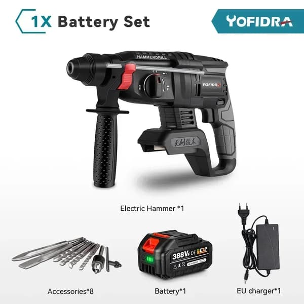 Børsteløs Elektrisk Hammer, 6800RPM Tomgangshastighed, 26MM Borediameter,1X batteri mulighed 4