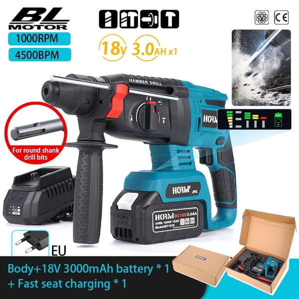 Harjaton sähkövasara, 18V teho, 3000mAh akku,EU, 1Akku 3.0A