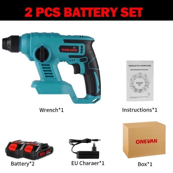 Elektrisk Rotationshammare, 1000w Effekt, 3600rpm Hastighet,2 Batteri EU Kontakt
