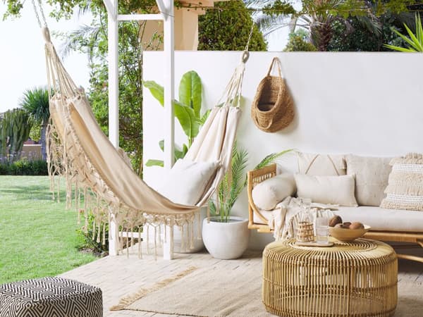 Hængekøje Beige Stof Polyester Bomuld 290 x 150 cm Udendørs Hammock til Have Terrasse Inspiration Hængegynge