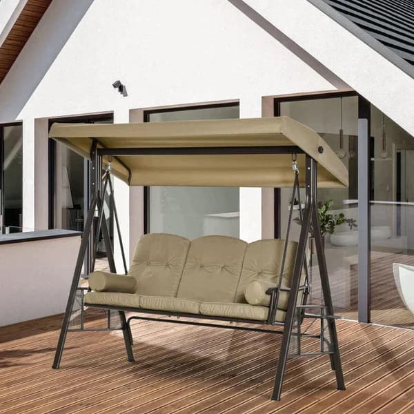 Rootz Hammock Swing - Puutarhakeinu - Keinutuoli - 3 istuttava puutarhakeinu - Katostyynyllä - Metalli/polyesteri - Khaki - 116 x 206 x 183 cm