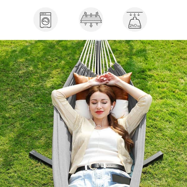 Rootz Hammock Jalusta - Riippumatto jalustalla - Korkeussäädettävä riippumatto - Riippukeinu - Musta runko/harmaa riippumatto - 300 x 90 x 95 cm