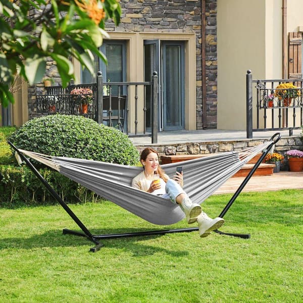 Rootz Hammock Jalusta - Riippumatto jalustalla - Korkeussäädettävä riippumatto - Riippukeinu - Musta runko/harmaa riippumatto - 300 x 90 x 95 cm