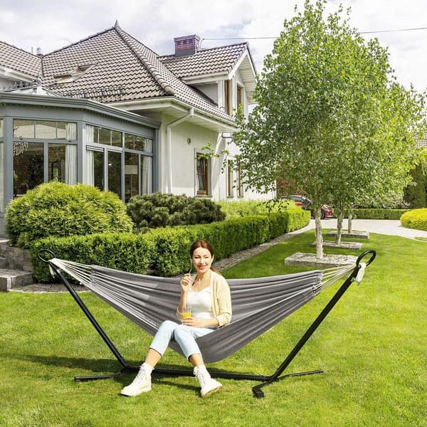 Rootz Hammock Jalusta - Riippumatto jalustalla - Korkeussäädettävä riippumatto - Riippukeinu - Musta runko/harmaa riippumatto - 300 x 90 x 95 cm