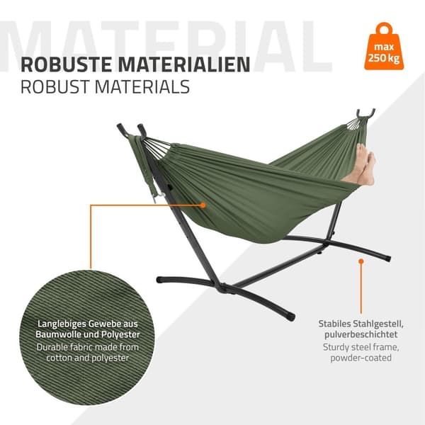 ML-Design dobbelt hængekøje med stålstel, khaki, plads til 2 personer, indendørs & udendørs, XXL hængestol med bæretaske, hængekøjestativ,