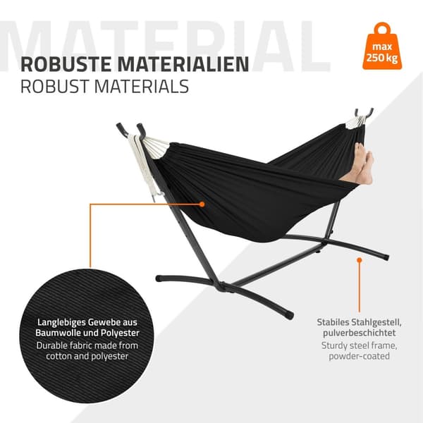 ML-Design dobbelt hængekøje med stålstel, sort, plads til 2 personer, indendørs & udendørs, XXL hængestol med bæretaske, hængekøjestativ, dobbelt