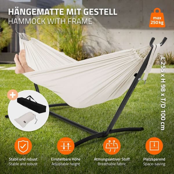 XXL-hängmatta med stålram upp till 250 kg Beige inkl. bärväska ML-Design