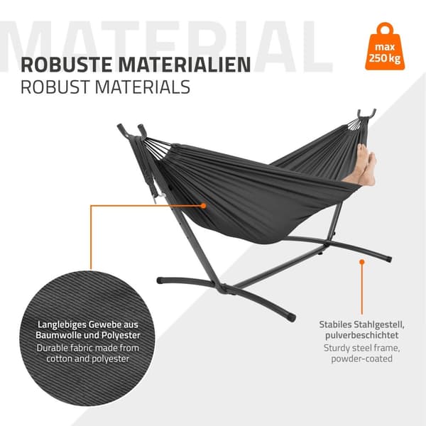 ML-Design dobbelt hængekøje med stålstel, mørkegrå, plads til 2 personer, indendørs & udendørs, XXL hængestol med bæretaske, hængekøjestativ,