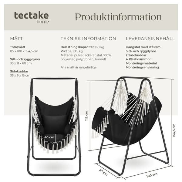 Hängstol Alison, boho-stil, bärkapacitet 160kg - svart