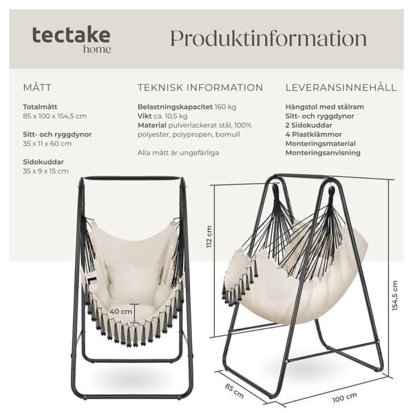 Hängstol Alison, boho-stil, bärkapacitet 160kg - beige
