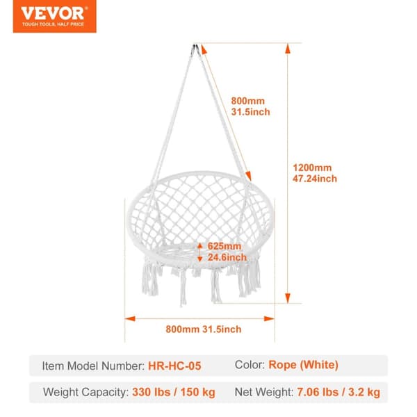 Hängande Hängstol, 150 kg Viktkapacitet, Makramé Design,264 lbs Vit vit