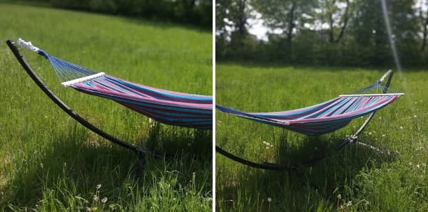 Viking Choice Bärbar Hängmatteställning med Blå-Lila Hängmatta - 220x160cm, 220kg Kapacitet - Perfekt för Campare & Äventyrare