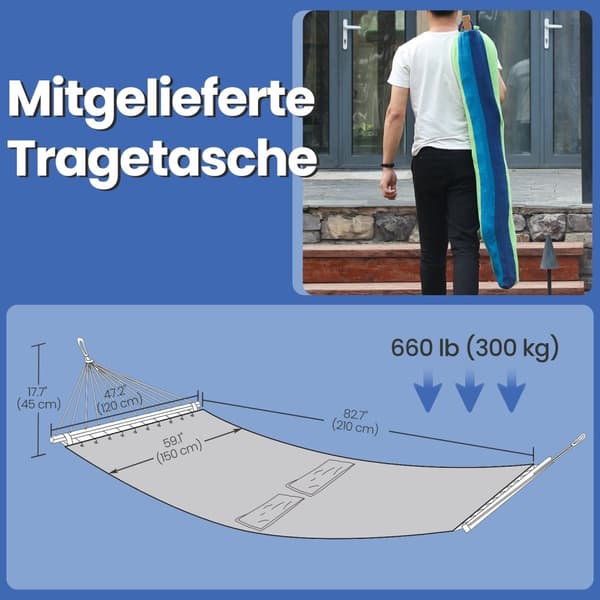 Hamming Mat 210 x 150 cm - utomhus hangmat med 2 träspridande pinnar