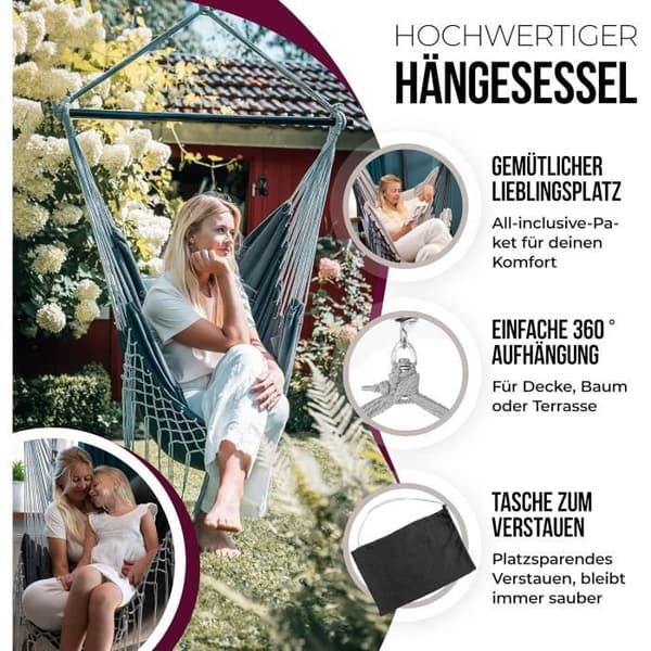 Inomhus- och utomhushängstol XXL HEIMLING Komplett paket med upphängning 3 kuddar Hängstol för e