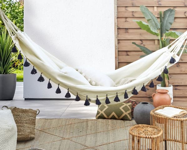 Hengekøye i Beige med Mørkeblå Bomull og Polyester Svingesete Innendørs Utendørs Boho Style