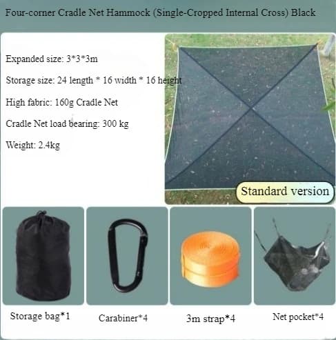 Ulkona käytettävä nelikulmainen riippumatto, tilava 4m x 4m koko, korkea kantokyky 300kg,Musta-3M-standardi