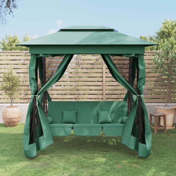 Paviljong med hammock grön tyg&stål