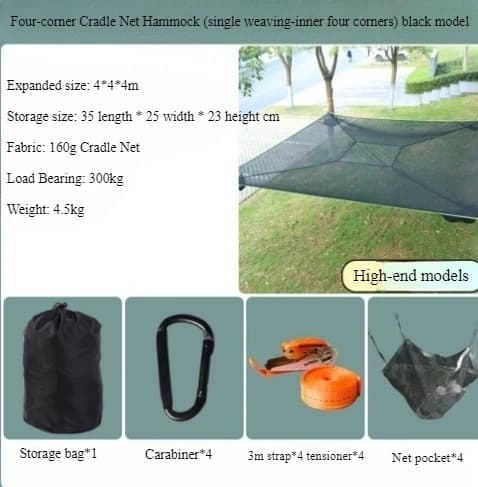 Utomhus Fyrhörnshängmatta, Rymlig 4m x 4m Storlek, Hög Belastning 300kg,Svart-4M-högkvalitativ