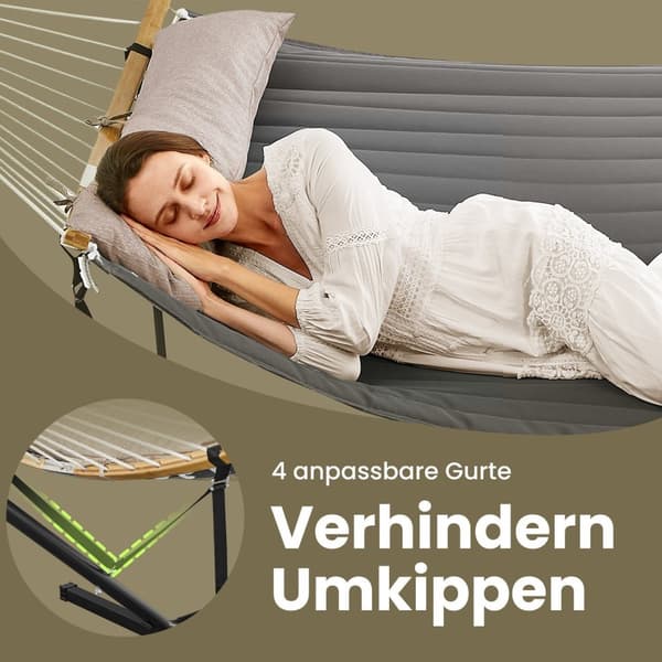 Rootz hängande matta med metallram - hängmatta - fjädrande design - stöder 200 kg - 400 x 100 x 90 cm - grå/svart