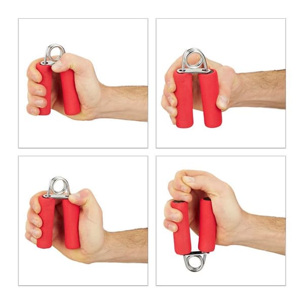 Relaxdays Muskelträningsklämma i 2-pack, vadderat handtag i skum, styrketräning av handgrepp, järn, röd