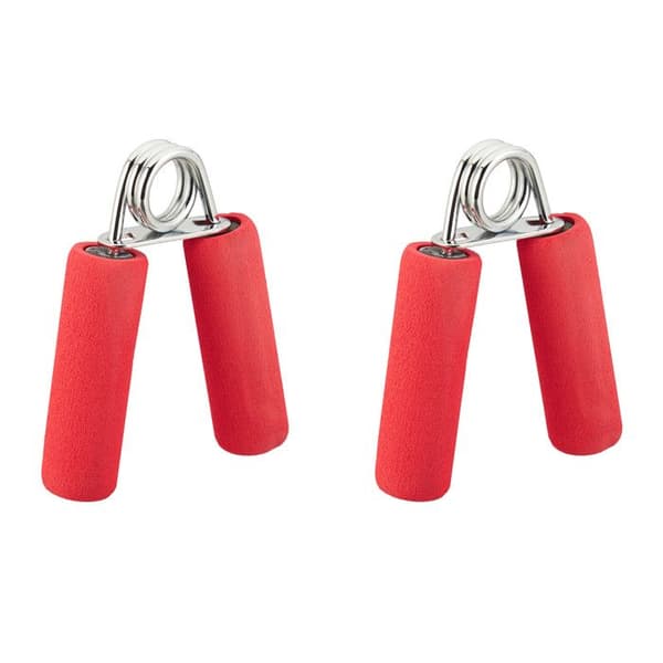 Relaxdays Muskelträningsklämma i 2-pack, vadderat handtag i skum, styrketräning av handgrepp, järn, röd