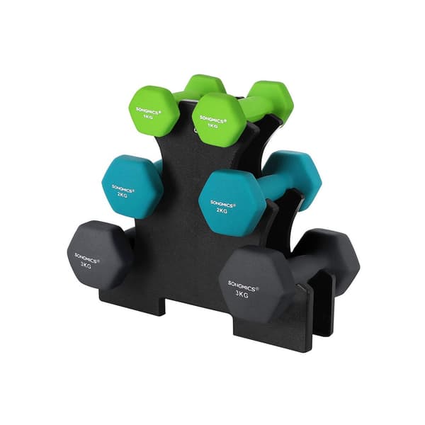 Hantel Sæt, SONGMICS Kort Hantler, 2 x 1 kg, 2 x 2 kg, 2 x 3 kg, Limegrøn, Aquamarin, Grå