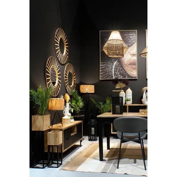golvlampa svart brun metall kolonial rotting raffia (56 x 46 x 140 cm)
