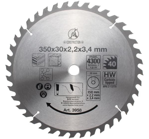 Hårdmetall-Cirkelsågblad | Ø 350 x 30 x 3,4 mm | 40 tänder