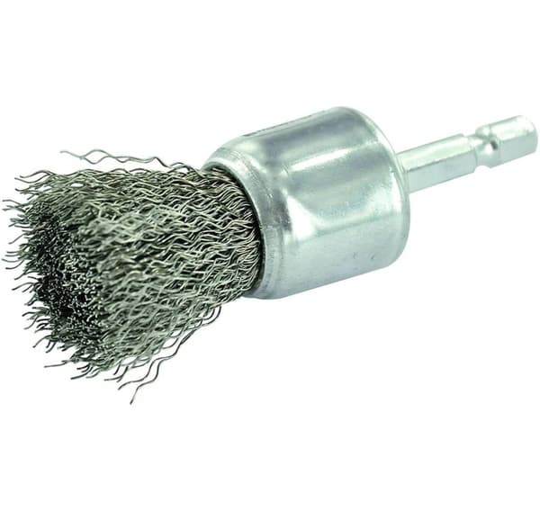 Hjulbørste til boremaskine, krympet INOX wire 0,3mm, Ø24mm, skaft 1/4" HEX