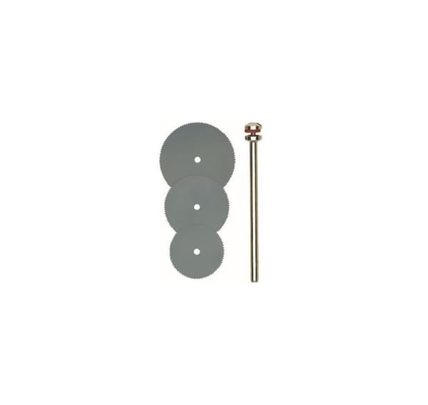 Cirkelsågklingor (fjäderstål), 3 st. (16, 19 och 22 mm) + axel
