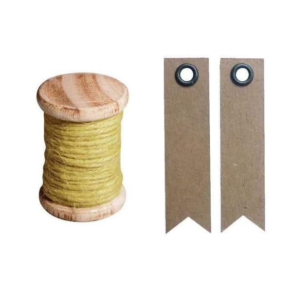 Garn 5 m solgul + 20 vimpel kraftetiketter