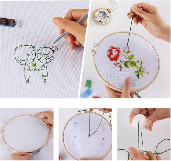Broderitrådssats, 100 färger för 5 bambucirklar, 40 synålar, 3 broderidukar och verktygssats för korsstygn