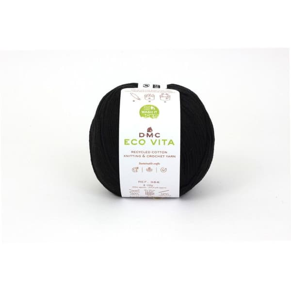 Eco Vita Återvunnet bomullsgarn 3mm 100g Stickning och Virkning Col. 002 svart